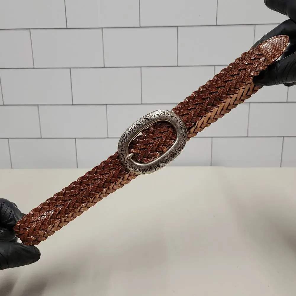 ADR Brown Braided Leather Belt Oval Engraved Buckle Women's Size S/M